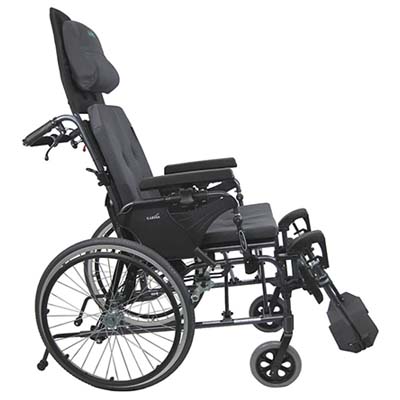 A lightweight ergonomic reclining wheelchair with front casters and rear wheels