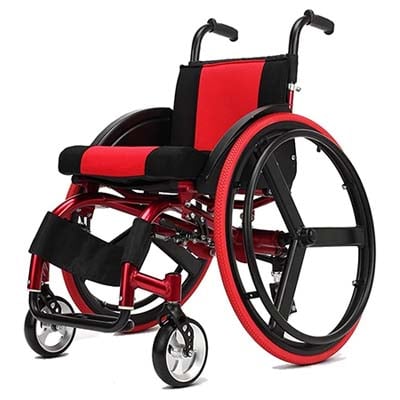 A sports wheelchair with a Red frame