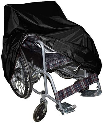 A wheelchair with a Black cover
