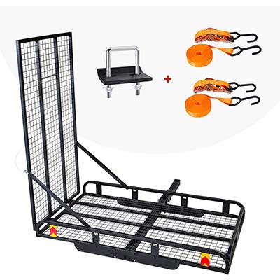 A wheelchair lift platform, straps with hook, and a handle with screws