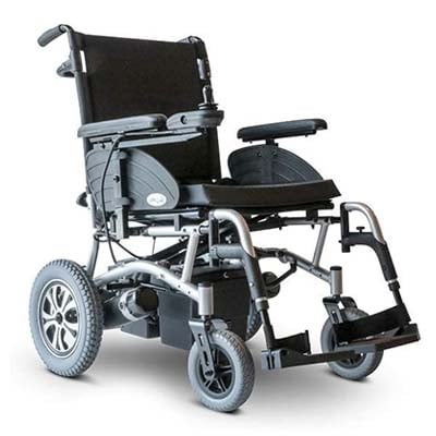 An electric wheelchair with Black upholstery