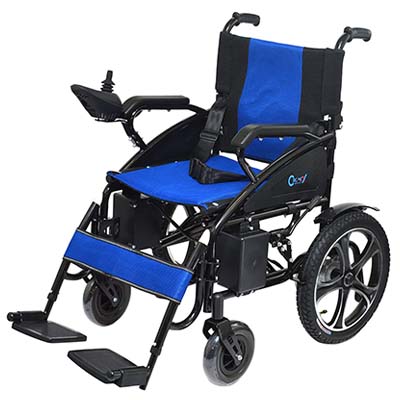 A dual motor electric wheelchair with a Black frame