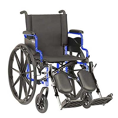 A manual wheelchair with a Blue frame
