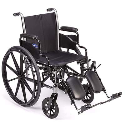 A manual wheelchair with a Black frame and leg rests