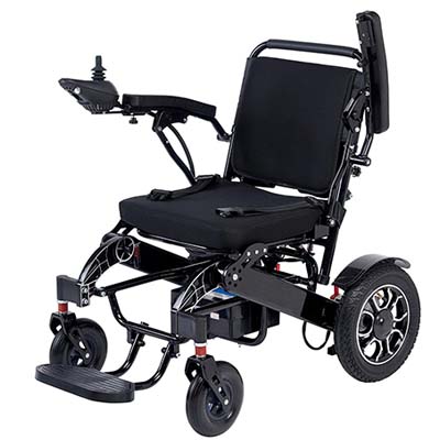 A motorized powerful electric wheelchair with a Black frame 