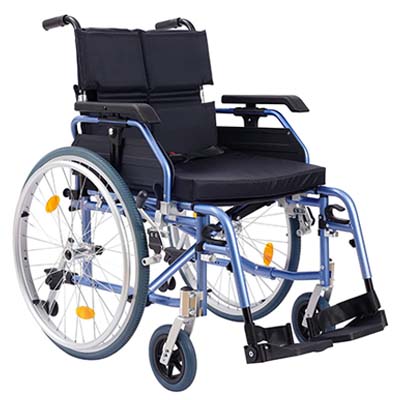 A manual wheelchair with a Blue frame