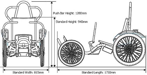 An illustration of the Boma 7 Off Road Wheelchair with labels of its dimensions 