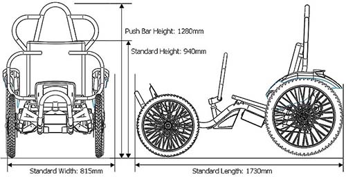 An illustration of the Boma 7 Off Road Wheelchair with labels of its dimensions 