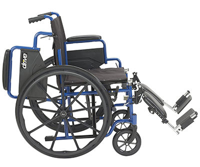 Drive Medical Blue Streak Wheelchair facing to the right with swing-away right armrest