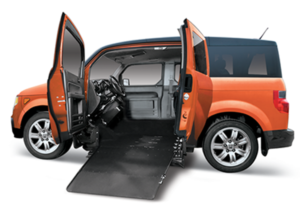 Orange Honda Element XWAV with open side doors on the driver's side and ramp