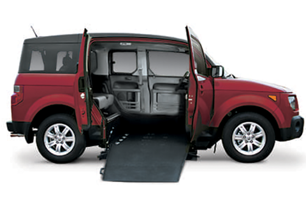 Red Honda Element XWAV with open side doors and ramp