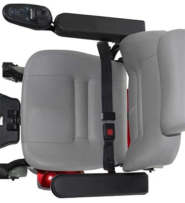 Padded seat and seatback of the Zipr Mantis Power Wheelchair