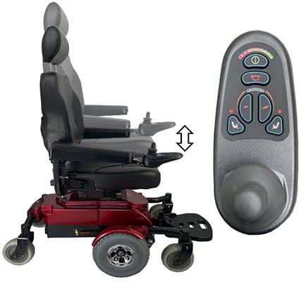 Zipr Mobility Mantis with elevating seat and its joystick