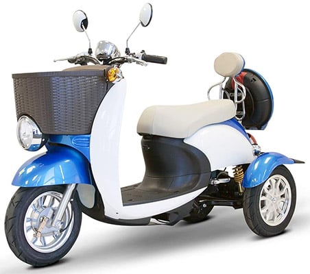 Ewheels EW 11 Scooter with front-mounted basket and white seat upholstery