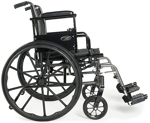 Everest & Jennings Traveler L3 Wheelchair with assistant handles attached to the seatback and legrests