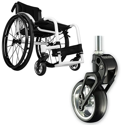 A wheelchair with a white frame and a wheel caster attached to a Frog Legs fork