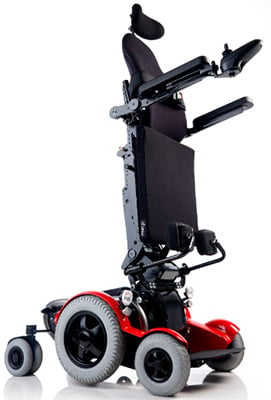 Levo C3 Standing Power Wheelchair with red base frame in a standing position