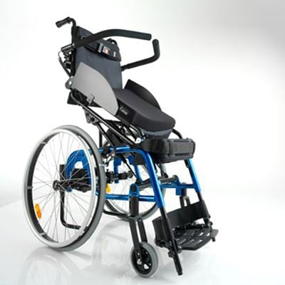 Levo Manual Standing Wheelchair with seat in a standing position