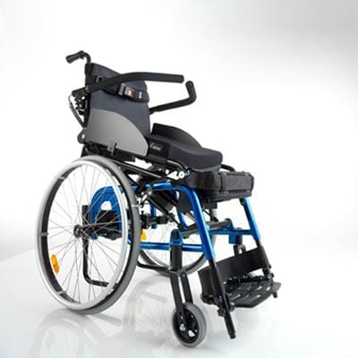 Levo LCEV Wheelchair with blue body frame and an elevated seat