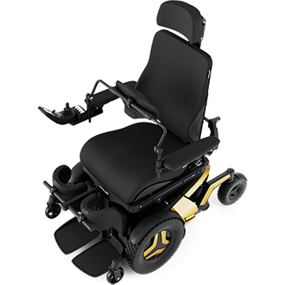 Permobil F5 Corpus with chest support, joystick controller attached to the right armrest and footplates