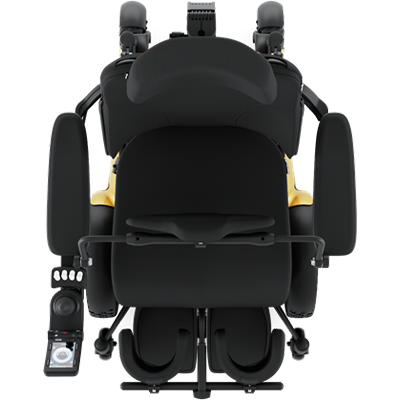 Permobil F5 VS with black upholstery and Gold base frame 