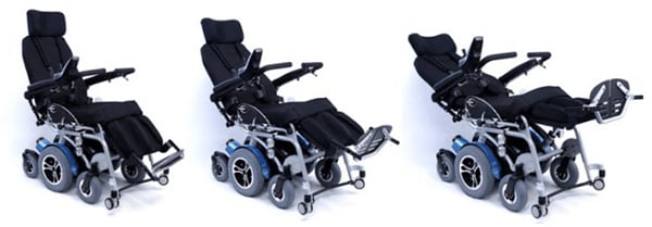 Three recliner positions of a standing wheelchair