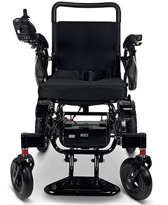 An electric wheelchair with the right armrest flipped up and black seat upholstery