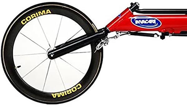Black front wheel with Corima logo of Top End Eliminator Osr Racing Wheelchair 