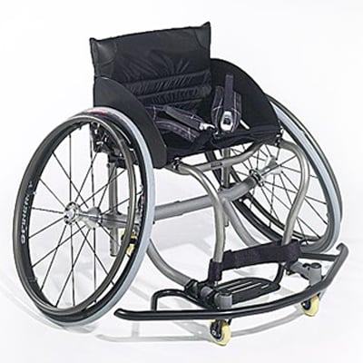 Quickie Basketball Wheelchair with 2 big wheels sloped inward and 3 caster wheels
