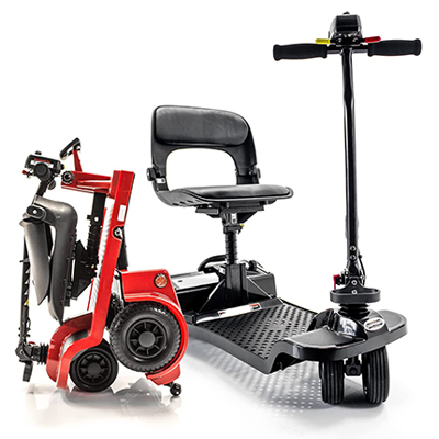 Folded red Echo 3 Mobility Scooter right next to a grey unfolded Echo 3