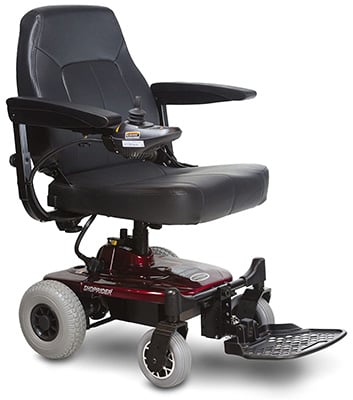 Shoprider Jimmie power chair with black padded chair, 4 small wheels, and footplate