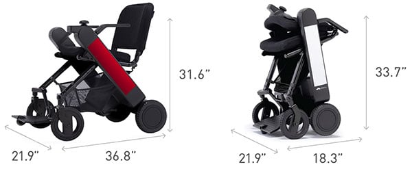 Red and white variants of the WHILL Model Fi Power Wheelchair with labels of their dimensions