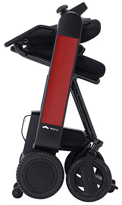 Folded red WHILL Model Fi Power Chair in a standing position