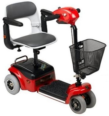 Red Scootie Scooter with front-mounted basket and gray padded chair