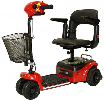 Red Shoprider Scootie Mobility Scooter with front-mounted basket and padded chair