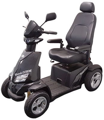Black Silverado Mobility Scooter with a padded chair and LED lights attached to its tiller 