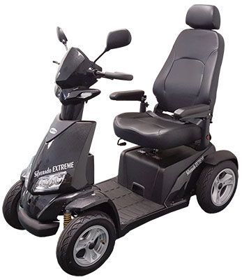 Black Silverado Mobility Scooter with a padded chair and LED lights attached to its tiller 